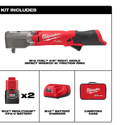 Milwaukee 2564-22 M12 FUEL 12V Lithium-Ion Brushless Cordless 3/8 in. Right Angle Impact Wrench Kit with Two 2.0 Ah Batteries