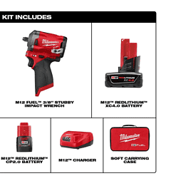 Milwaukee 2554-22-48-11-2440 M12 FUEL 12V Lithium-Ion Brushless Cordless Stubby 3/8 in. Impact Wrench Kit With M12 4.0Ah Battery
