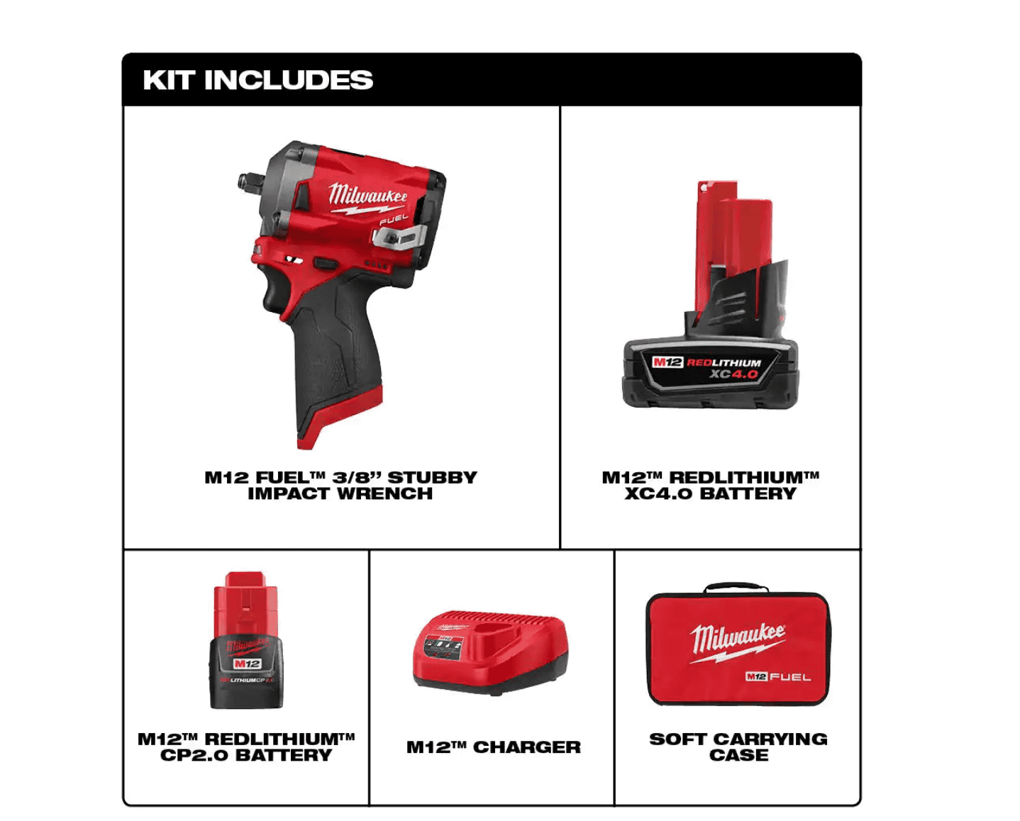 Milwaukee 2554-22-48-11-2440 M12 FUEL 12V Lithium-Ion Brushless Cordless Stubby 3/8 in. Impact Wrench Kit With M12 4.0Ah Battery
