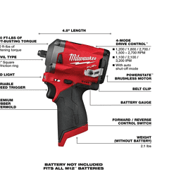 Milwaukee 2554-20-2567-20-2560-20 M12 FUEL 12V Li-Ion Cordless 3/8 in. Impact Wrench w/3/8 in. High Speed Ratchet and 3/8 in. Extended Reach Ratchet