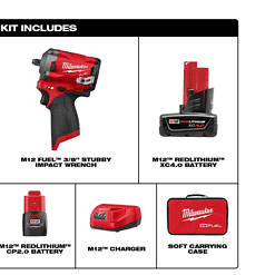 Milwaukee 2554-22-49-66-7009 M12 FUEL 12V Brushless Cordless Stubby 3/8 in. Impact Wrench Kit with 3/8 in. Drive SAE/Metric Socket Set (43-Piece)