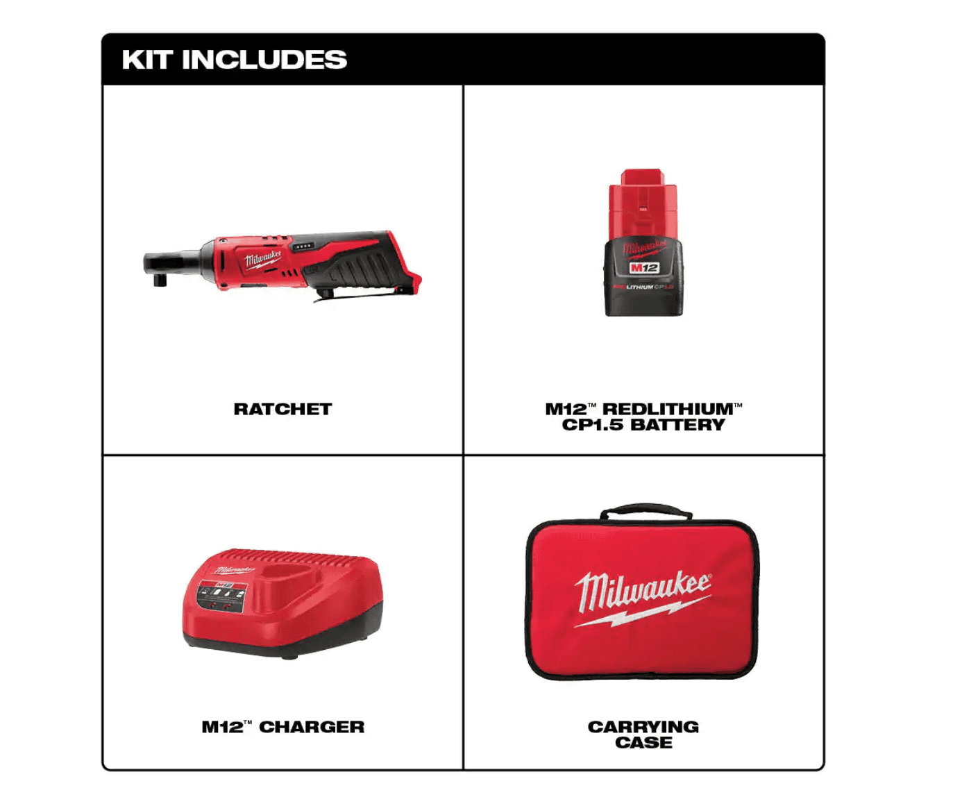 Milwaukee 2457-21 M12 12-Volt Lithium-Ion Cordless 3/8 in. Ratchet Kit with One 1.5 Ah Battery, Charger and Tool Bag
