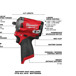 Milwaukee 2554-20-2564-20-2567-20 M12 FUEL 12V Li-Ion Brushless Cordless Stubby 3/8 in