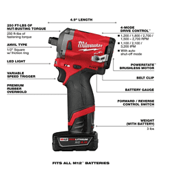 Milwaukee 2555-22-0852-20 M12 FUEL 12V Lithium-Ion Brushless Cordless Stubby 1/2 in. Impact Wrench Kit with Compact Spot Blower
