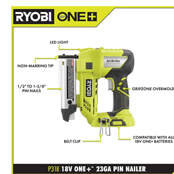 RYOBI P318 ONE+ 18V Cordless AirStrike 23-Gauge 1-3/8 in. Headless Pin Nailer (Tool Only)