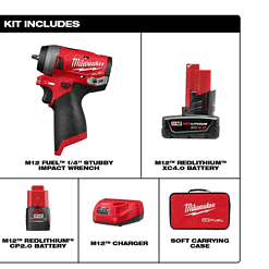 Milwaukee 2552-22 M12 FUEL 12V Lithium-Ion Brushless Cordless Stubby 1/4 in. Impact Wrench Kit with One 4.0 and One 2.0Ah Batteries