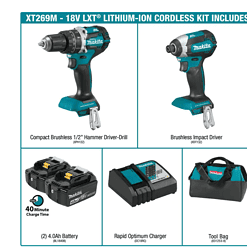 Makita XT269M 18V LXT Lithium-Ion Brushless Cordless Hammer Drill and Impact Driver Combo Kit (2-Tool) w/ (2) 4Ah Batteries, Bag