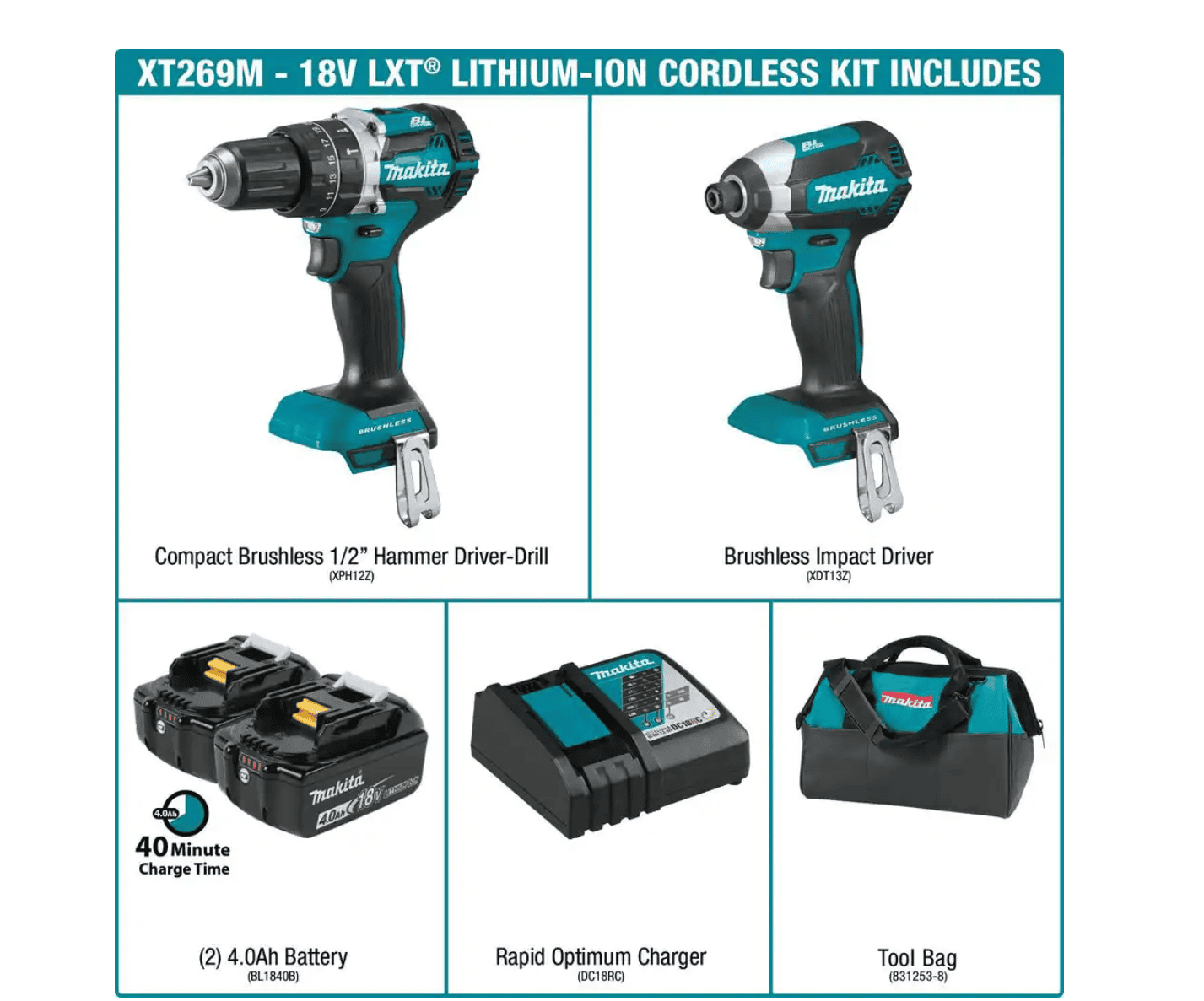 Makita XT269M 18V LXT Lithium-Ion Brushless Cordless Hammer Drill and Impact Driver Combo Kit (2-Tool) w/ (2) 4Ah Batteries, Bag