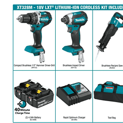 Makita XT328M 18V LXT Lithium-Ion Brushless Cordless Combo Kit (3-Tool) with (2) 4.0 Ah Batteries, Rapid Charger, and Tool Bag