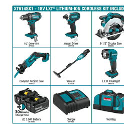 Makita XT614SX1 18V Lithium-Ion Cordless 6-Piece Kit (Drill-Driver/ Impact Driver/ Circular Saw/ Recipro Saw/ Vacuum/ Light) 3.0Ah