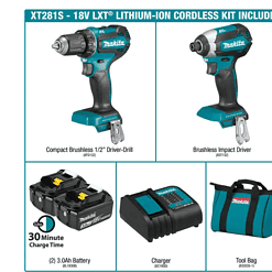 Makita XT281S 18V LXT Lithium-ion Brushless Cordless 2-Piece Combo Kit 3.0Ah Driver-Drill/ Impact Driver
