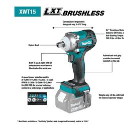 Makita XWT15XVZ 18V LXT Lithium-Ion Brushless Cordless 4-Speed 1/2 in. Utility Impact Wrench w/Detent Anvil (Tool Only)