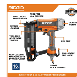 RIDGID R250SFF Pneumatic 16-Gauge 2-1/2 in. Straight Finish Nailer with CLEAN DRIVE Technology