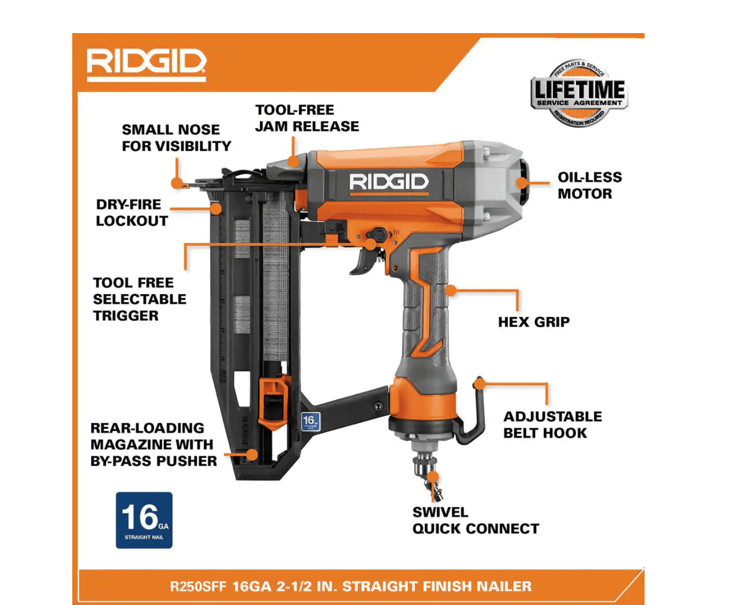 RIDGID R250SFF Pneumatic 16-Gauge 2-1/2 in. Straight Finish Nailer with CLEAN DRIVE Technology