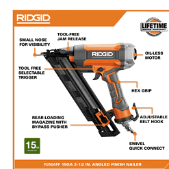 RIDGID R250AFF Pneumatic 15-Gauge 2-1/2 in. Angled Finish Nailer with CLEAN DRIVE Technology, Tool Bag, and Sample Nails