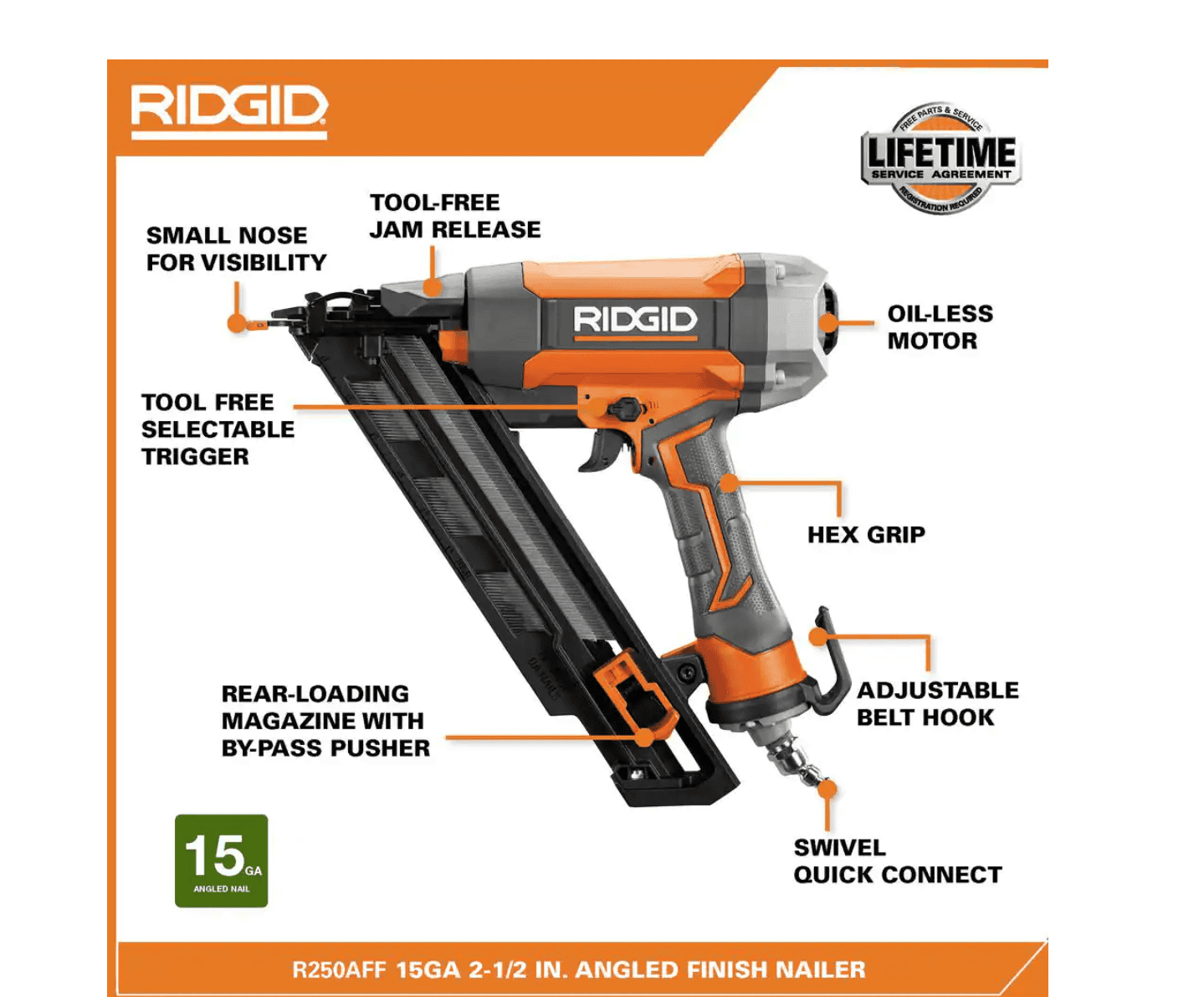 RIDGID R250AFF Pneumatic 15-Gauge 2-1/2 in. Angled Finish Nailer with CLEAN DRIVE Technology, Tool Bag, and Sample Nails