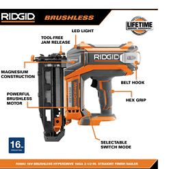 RIDGID R09892B 18V Brushless Cordless HYPERDRIVE 16-Gauge 2-1/2 in. Straight Finish Nailer(Tool Only), Belt Clip, Bag, Sample Nails