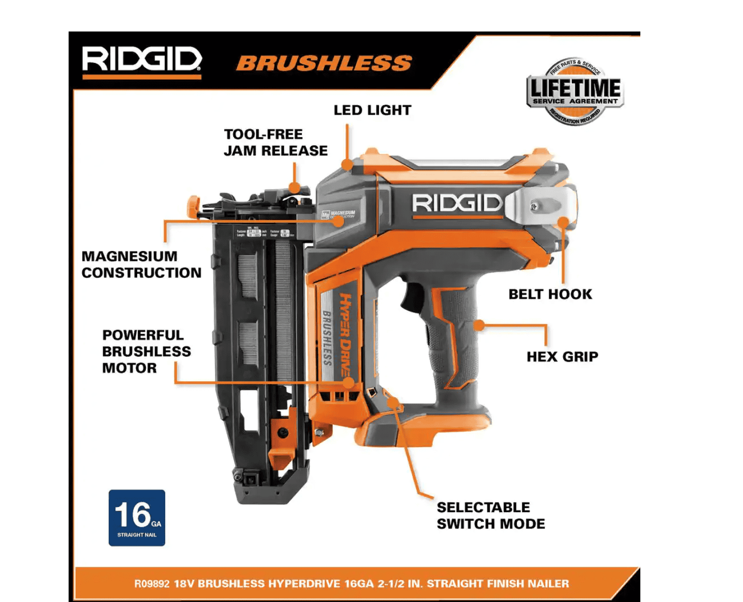 RIDGID R09892B 18V Brushless Cordless HYPERDRIVE 16-Gauge 2-1/2 in. Straight Finish Nailer(Tool Only), Belt Clip, Bag, Sample Nails