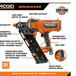 RIDGID R09895B 18V Brushless Cordless 30-Degree 3-1/2 in. Framing Nailer (Tool Only)