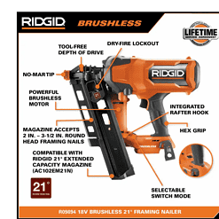 RIDGID R09894B-AC87004 18V Lithium-Ion Brushless Cordless 21° 3-1/2 in. Framing Nailer with 18V Lithium-Ion 4.0 Ah Battery