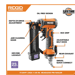 RIDGID R138HPF Pneumatic 23-Gauge 1-3/8 in. Headless Pin Nailer with Dry-Fire Lockout