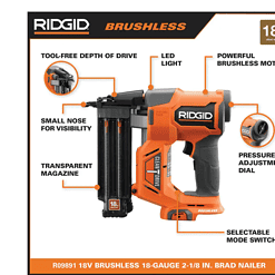 RIDGID R09891K 18V Brushless Cordless 18-Gauge 2-1/8 in. Brad Nailer with CLEAN DRIVE Technology with 2.0 Ah Battery and Charger