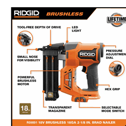 RIDGID R09891B-AC840020PN 18V Brushless Cordless 18-Gauge 2-1/8 in. Brad Nailer with (2) MAX Output 2.0 Ah Batteries