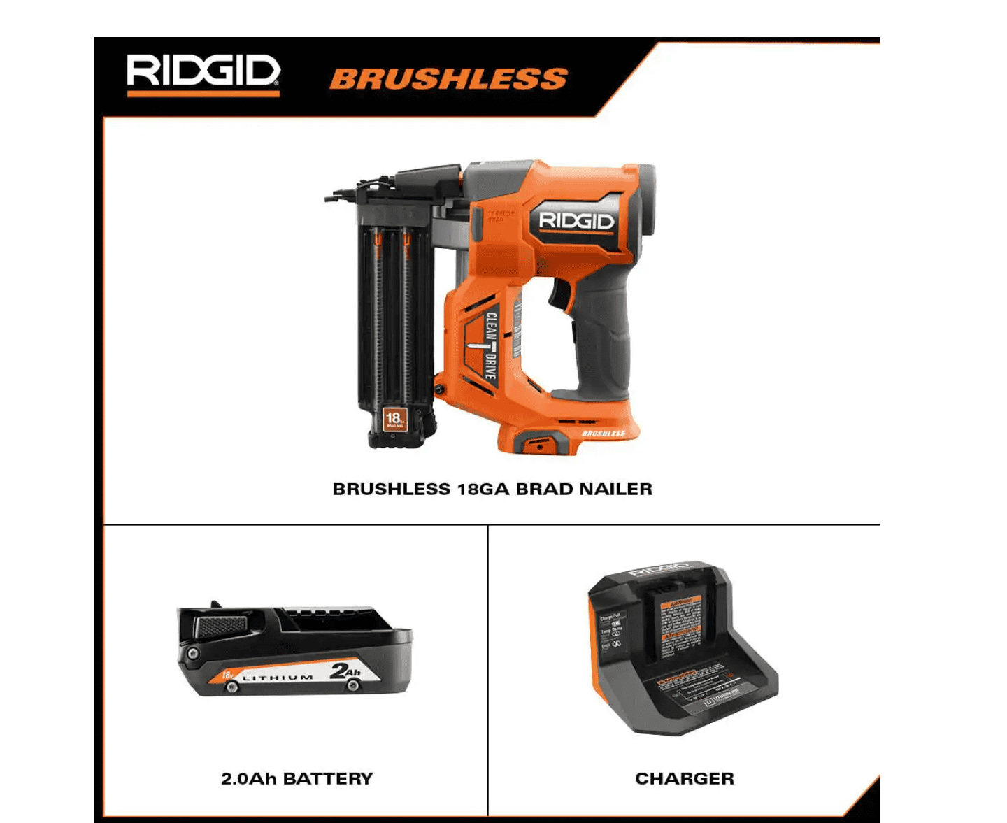 RIDGID 18V Cordless Brad Nailer with 2.0 Ah Battery and Charger