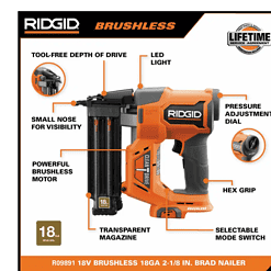 RIDGID R09891B-AC8400802 18V Brushless Cordless 18-Gauge 2-1/8 in. Brad Nailer with CLEAN DRIVE Technology with 18V 2.0 Ah Lithium-Ion Battery