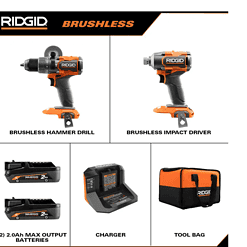 RIDGID R9209 18V Brushless Cordless 2-Tool Combo Kit with Drill/Driver, Impact Driver, (2) Batteries, 18V Charger, and Tool Bag