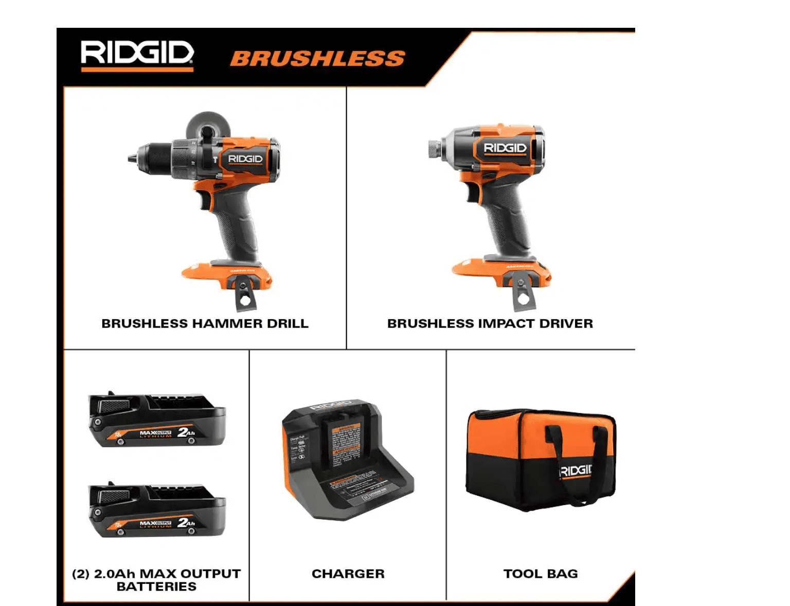 RIDGID R9209 18V Brushless Cordless 2-Tool Combo Kit with Drill/Driver, Impact Driver, (2) Batteries, 18V Charger, and Tool Bag