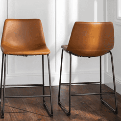 Walker Edison Wasatch 24 in. Whiskey Brown Low Back Metal Frame Counter Height Bar Stool with Faux Leather Seat (Set of 2)
