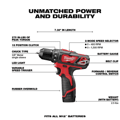 Milwaukee 2407-22-2415-20-48-11-2460 M12 12V Lithium-Ion Cordless 3/8 in. Drill/Driver Kit with M12 3/8 in. Right Angle Drill and 6.0 Ah XC Battery Pack