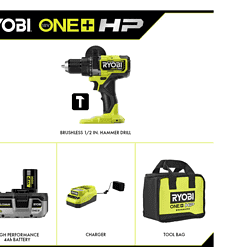 RYOBI PBLHM101K ONE+ HP 18V Brushless Cordless 1/2 in. Hammer Drill Kit with (1) 4.0 Ah High Performance Battery, Charger, and Tool Bag