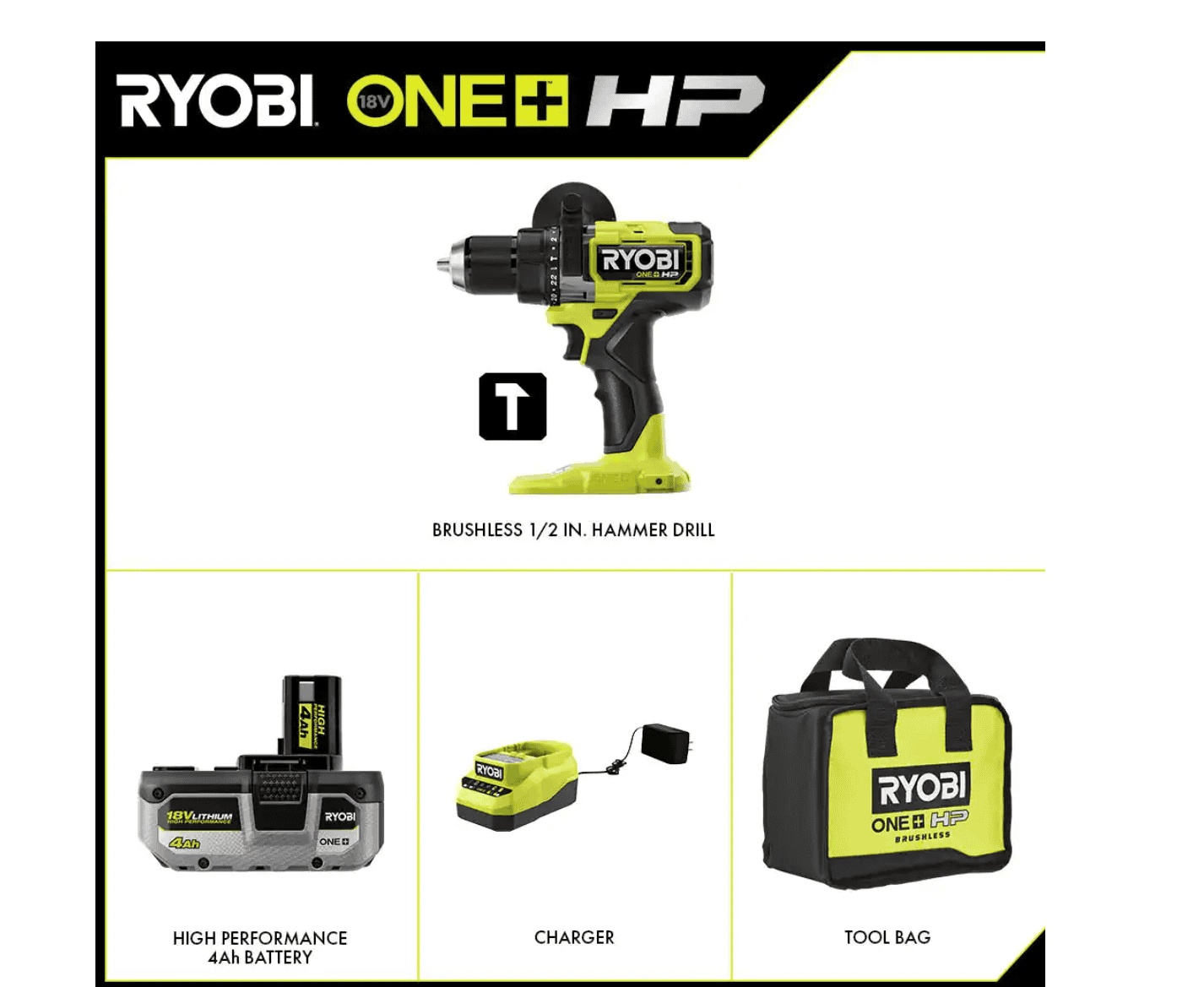 RYOBI PBLHM101K ONE+ HP 18V Brushless Cordless 1/2 in. Hammer Drill Kit with (1) 4.0 Ah High Performance Battery, Charger, and Tool Bag
