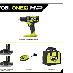 RYOBI PBLDD01K ONE+ HP 18V Brushless Cordless 1/2 in. Drill/Driver Kit with (2) 2.0 Ah HIGH PERFORMANCE Batteries, Charger, and Bag