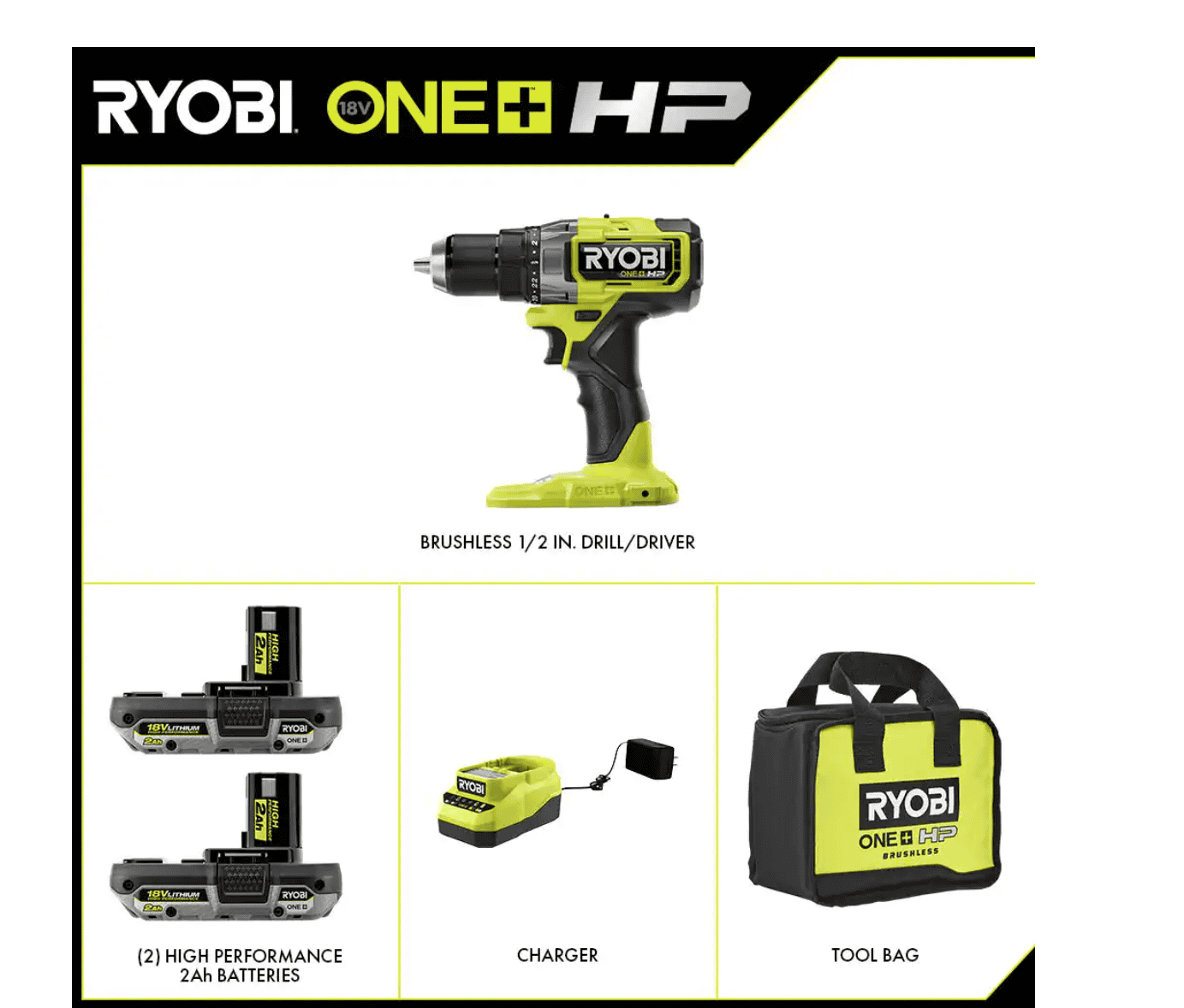 RYOBI PBLDD01K ONE+ HP 18V Brushless Cordless 1/2 in. Drill/Driver Kit with (2) 2.0 Ah HIGH PERFORMANCE Batteries, Charger, and Bag