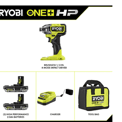 RYOBI PBLID02K ONE+ HP 18V Brushless Cordless 1/4 in. 4-Mode Impact Driver Kit w/(2) 2.0 Ah HIGH PERFORMANCE Battery, Charger, Bag