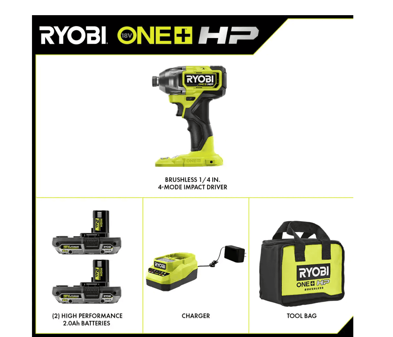 RYOBI PBLID02K ONE+ HP 18V Brushless Cordless 1/4 in. 4-Mode Impact Driver Kit w/(2) 2.0 Ah HIGH PERFORMANCE Battery, Charger, Bag