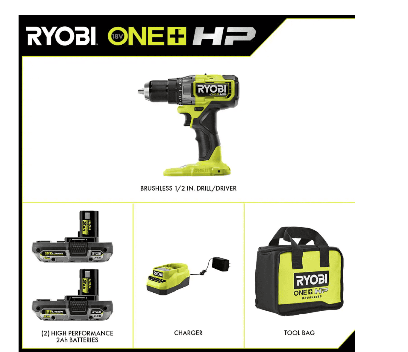 RYOBI PBLDD01K-A989504 ONE+ HP 18V Brushless Cordless 1/2 in. Drill/Driver Kit w/(2) Batteries, Charger, Bag, & Drill and Drive Kit (95-Piece)