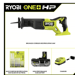 RYOBI PBLRS01K1-A233501 ONE+ HP 18V Brushless Cordless Reciprocating Saw Kit with 4.0Ah Battery, Charger & Reciprocating Saw Blade Set (35Piece)