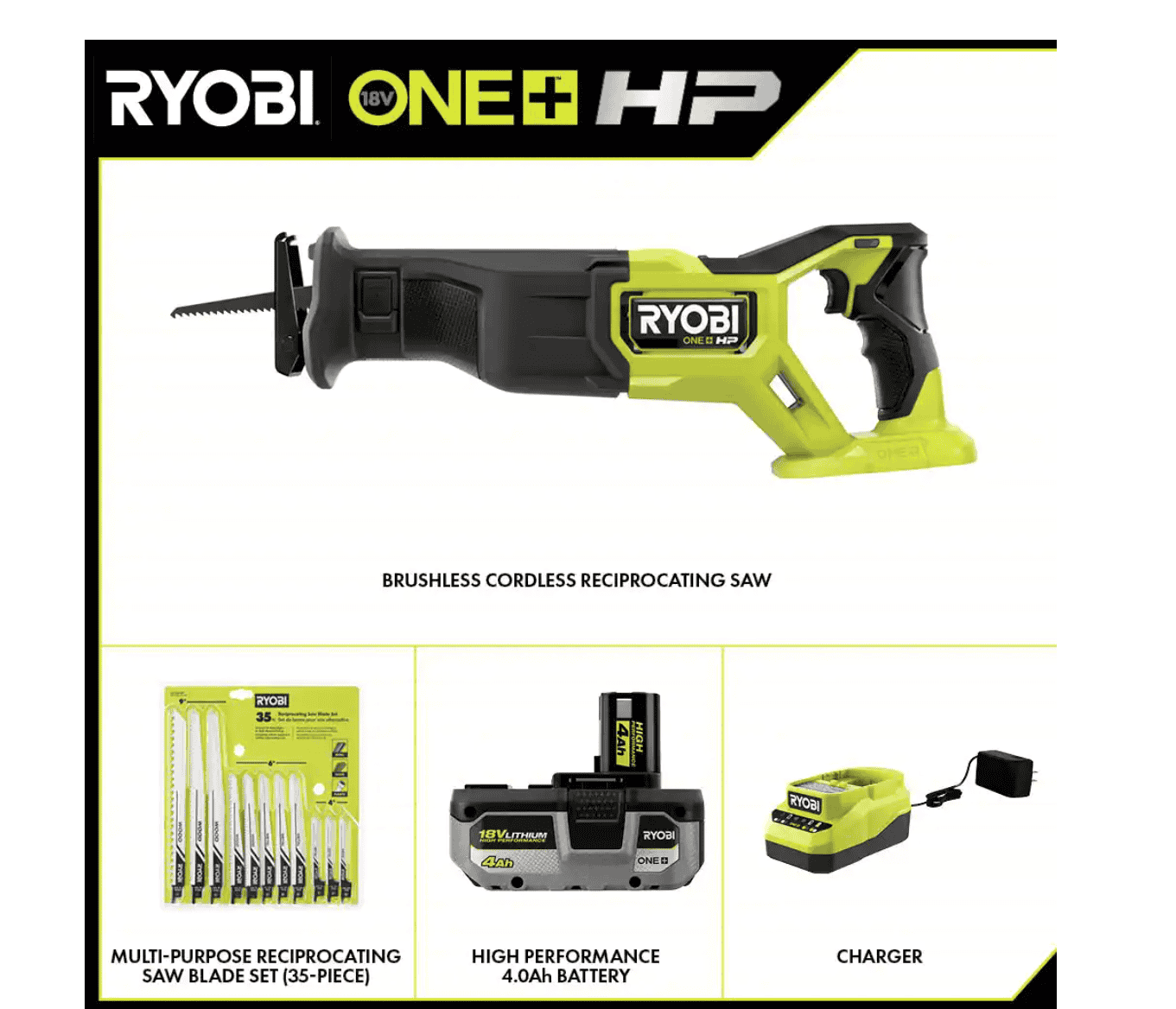 RYOBI PBLRS01K1-A233501 ONE+ HP 18V Brushless Cordless Reciprocating Saw Kit with 4.0Ah Battery, Charger & Reciprocating Saw Blade Set (35Piece)