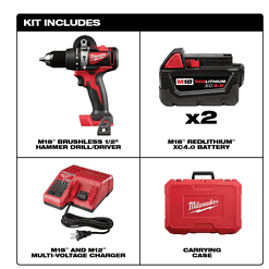 Milwaukee 2902-22 M18 18-Volt Lithium-Ion Brushless Cordless 1/2 in. Compact Hammer Drill/Driver Kit w/Two 4.0Ah Batteries and Hard Case