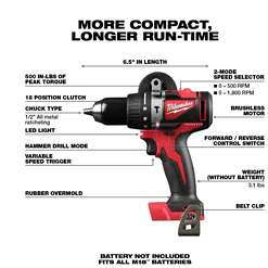 Milwaukee 2902-20 M18 18-Volt Lithium-Ion Brushless Cordless 1/2 in. Compact Hammer Drill Tool Only
