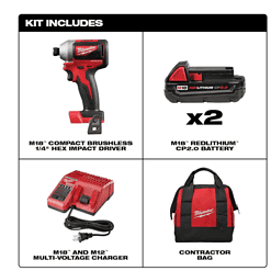 Milwaukee 2850-22CT M18 18V Lithium-Ion Brushless Cordless 1/4 in. Impact Driver Kit with Two 2.0 Ah Batteries, Charger and Hard Case