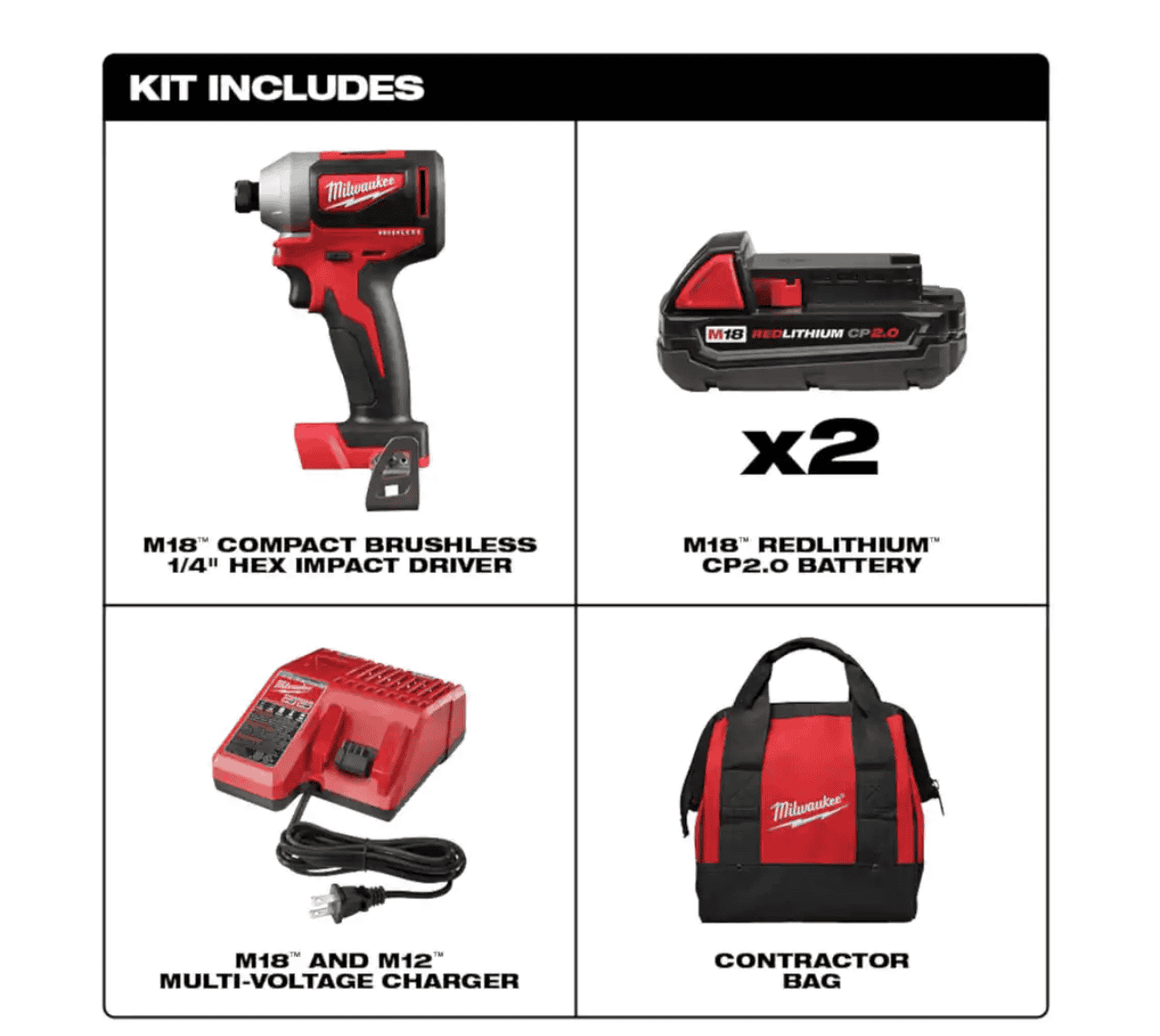 Milwaukee 2850-22CT M18 18V Lithium-Ion Brushless Cordless 1/4 in. Impact Driver Kit with Two 2.0 Ah Batteries, Charger and Hard Case
