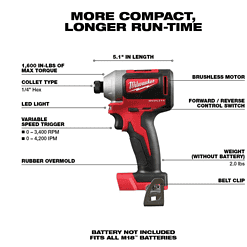 Milwaukee 2850-20 M18 18V Lithium-Ion Brushless Cordless 1/4 in. Impact Driver (Tool Only)