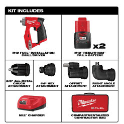 Milwaukee 2505-22 M12 FUEL 12-Volt Lithium-Ion Brushless Cordless 4-in-1 Installation 3/8 in. Drill Driver Kit with 4-Tool Heads