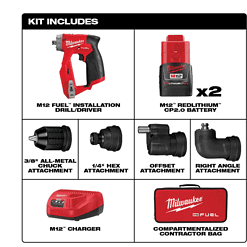 Milwaukee 2505-22-PO M12 FUEL 12V Lithium-Ion Brushless Cordless 4-in-1 Installation 3/8 in. Drill Driver Kit & 4-Tool Heads W/PACKOUT