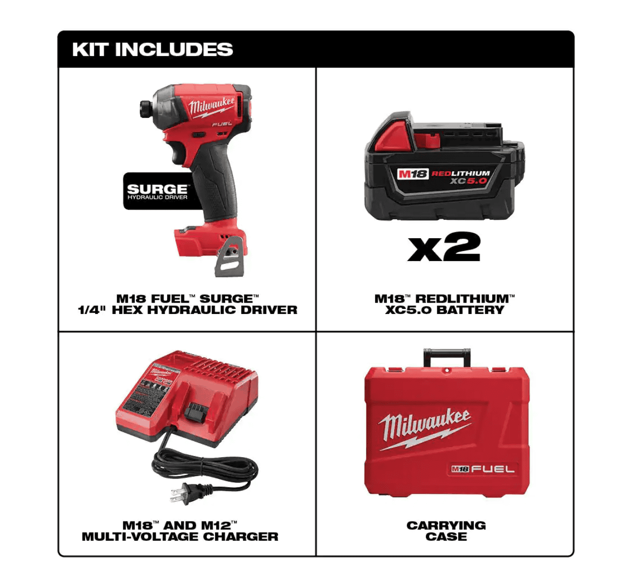 Milwaukee 2760-22 M18 FUEL SURGE 18V Lithium-Ion Brushless Cordless 1/4 in. Hex Impact Driver Compact Kit with Two 5.0 Ah Batteries